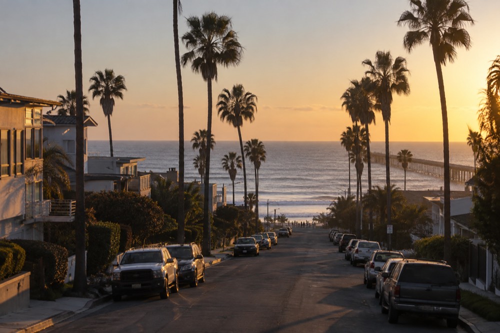 Palm-lined residential street with parked cars leading toward the Ocean Beach shoreline