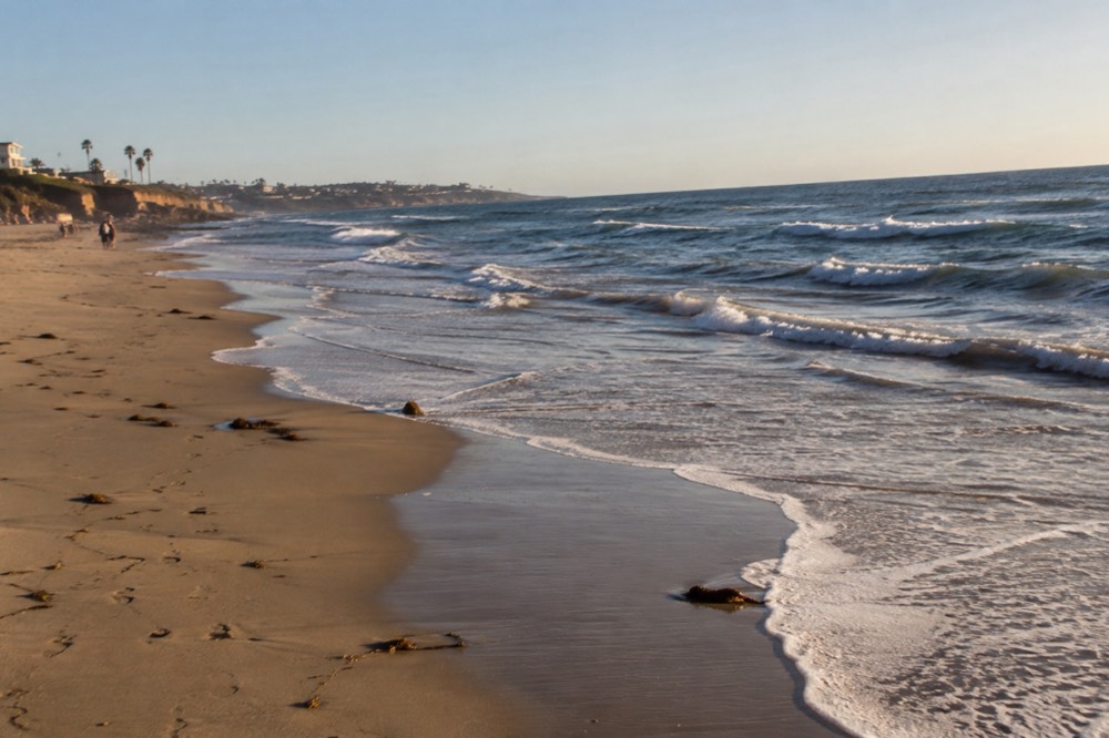 Empty Ocean Beach shoreline in warm late afternoon light with gentle waves