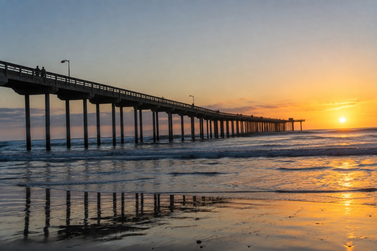 Ocean Beach pier extending over the Pacific Ocean at sunset