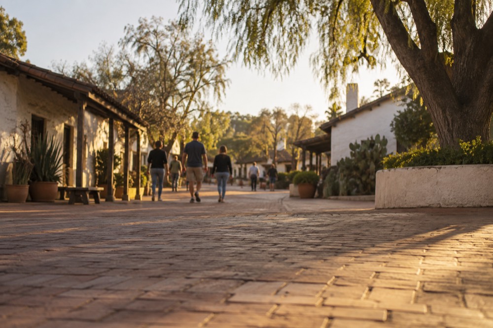 Visitors strolling a wide brick plaza between historic wooden and adobe buildings