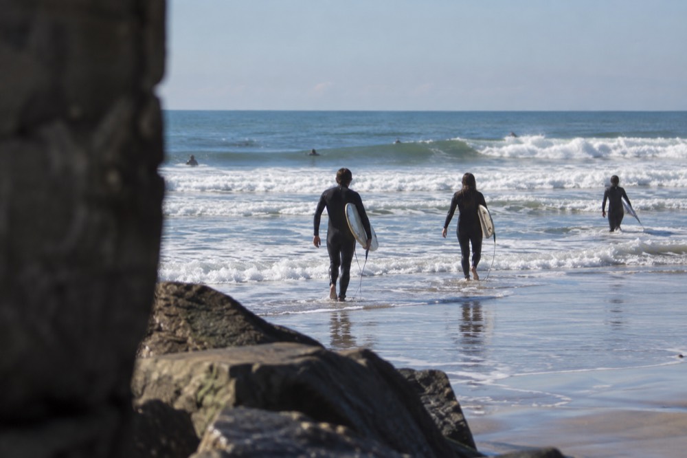 Surfers in wetsuits walking across wet sand toward small breaking waves