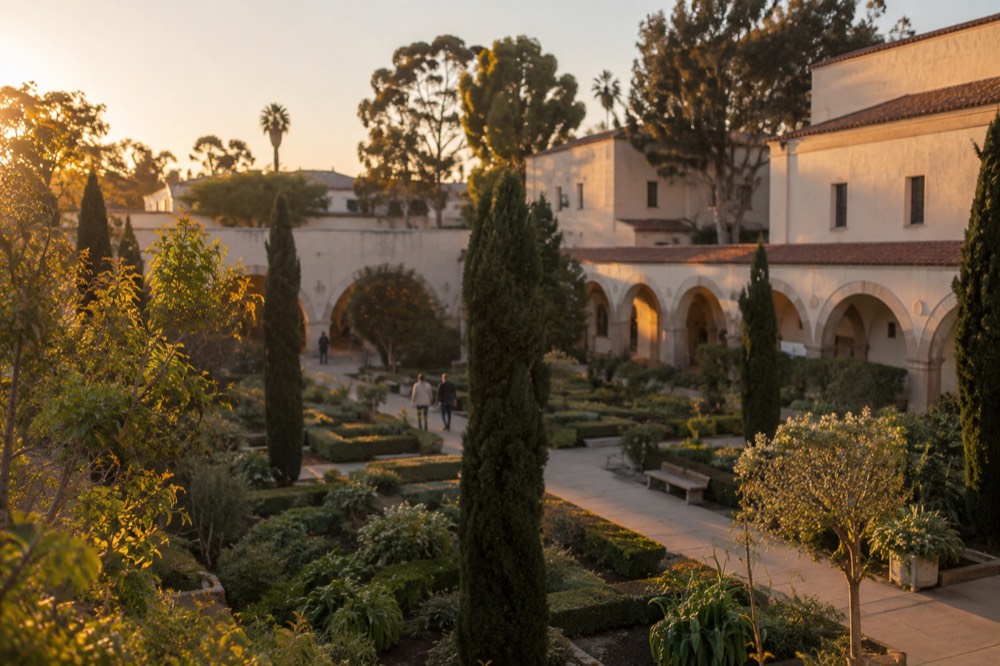 Museum building facade with arches and a courtyard garden in a city park