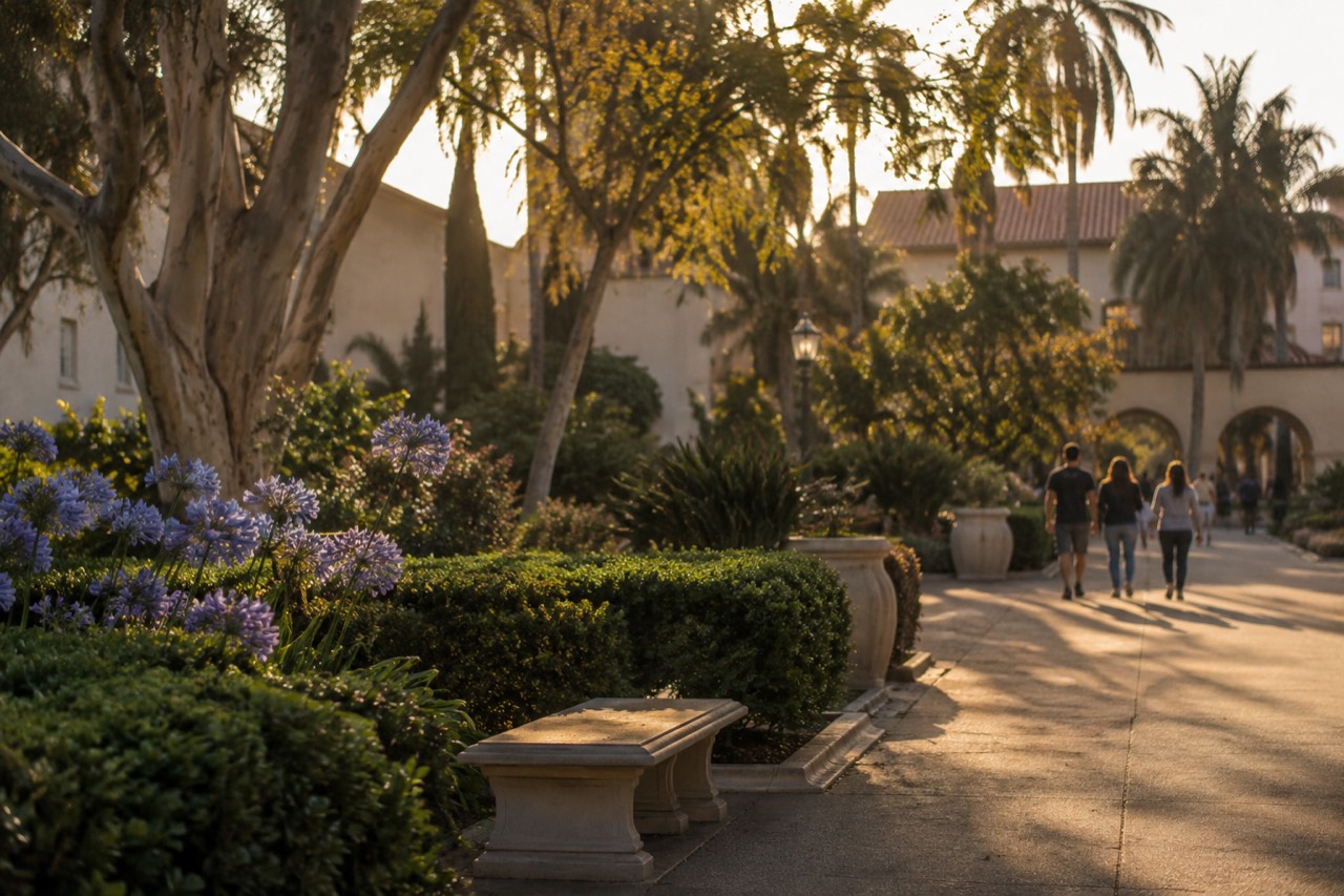 Gardens and Spanish colonial style buildings along a tree lined promenade in a large city park