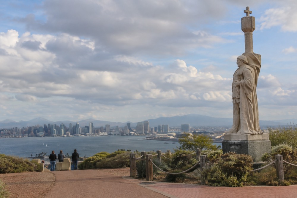 The Cabrillo statue overlooking San Diego Bay and the downtown skyline