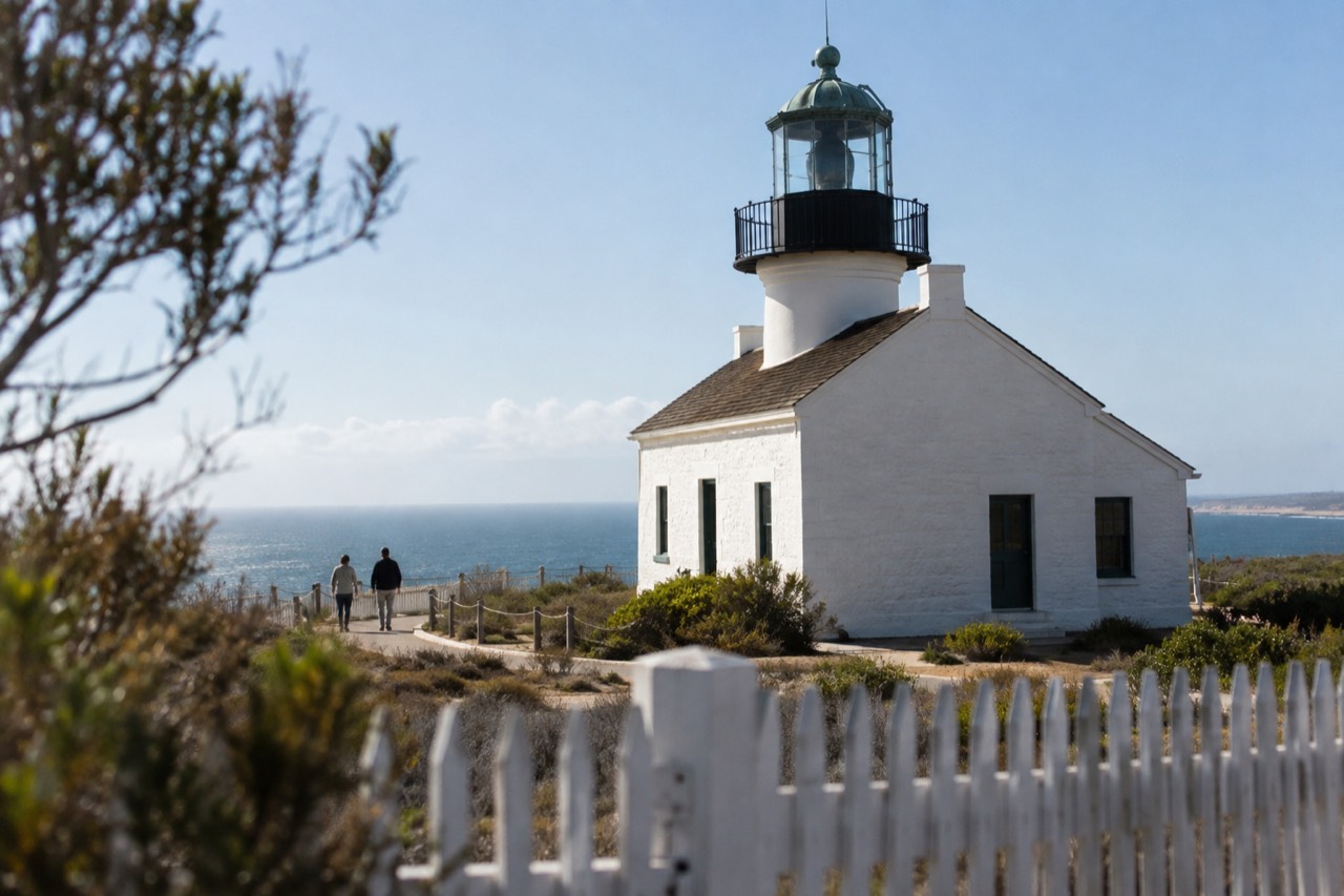 Old Point Loma Lighthouse standing above the coastline at Cabrillo National Monument