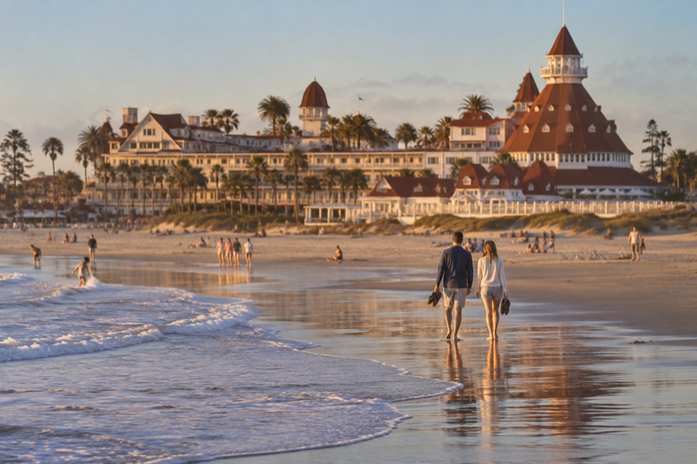 Red-roofed beachfront hotel beside a wide sandy beach under a blue sky