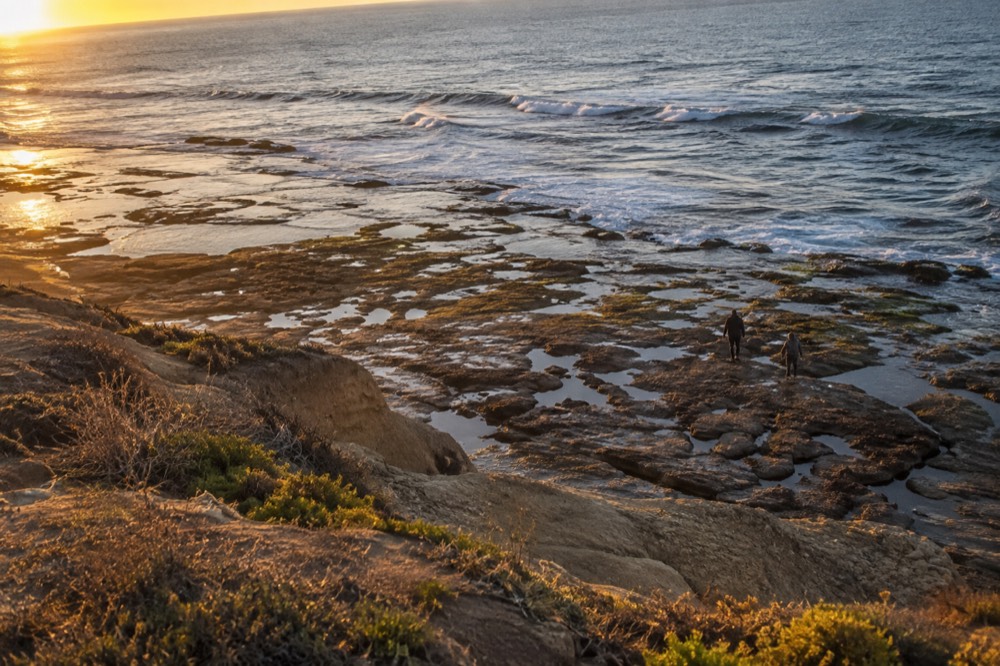 Rocky tide pools exposed at low tide along the cliffs south of the beach