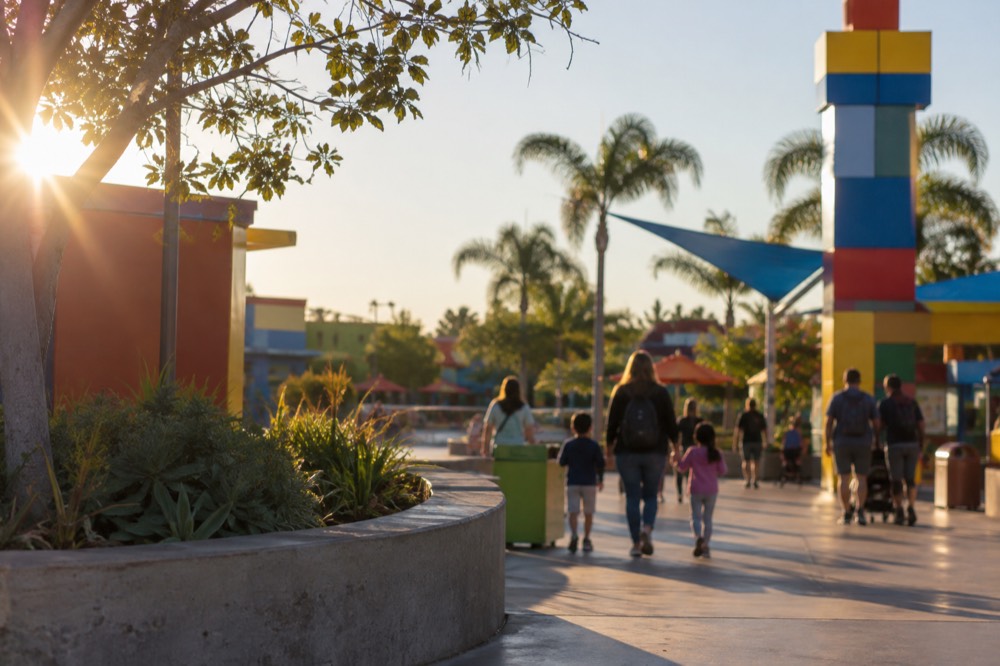 Colorful theme park entrance plaza with oversized toy brick sculptures under a blue sky