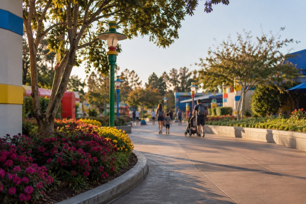 Park walkway lined with bright flowers and brick-themed lampposts in morning light