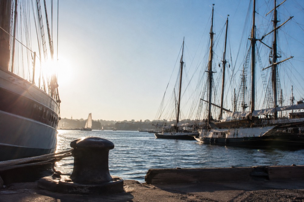 Sailboats and harbor water along the San Diego Embarcadero on a clear afternoon
