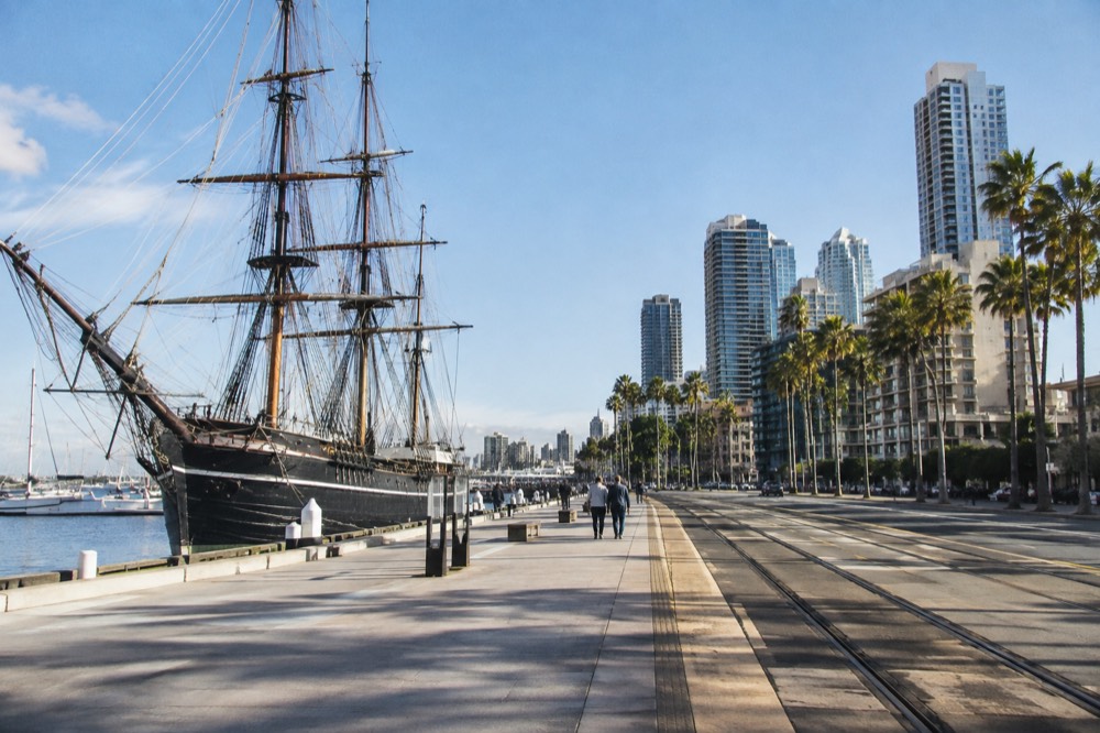 Trolley tracks and downtown street near the San Diego waterfront