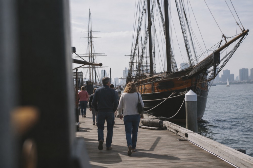 Visitors walking along the dock past historic ships at the maritime museum