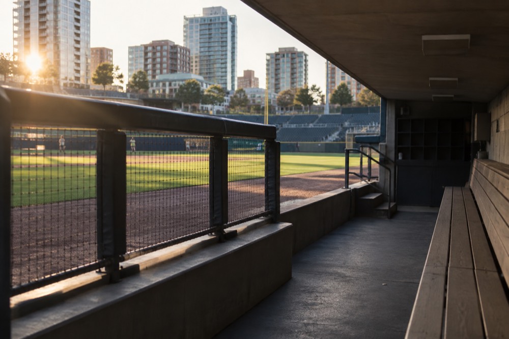 An empty baseball dugout with benches and a view across a green field