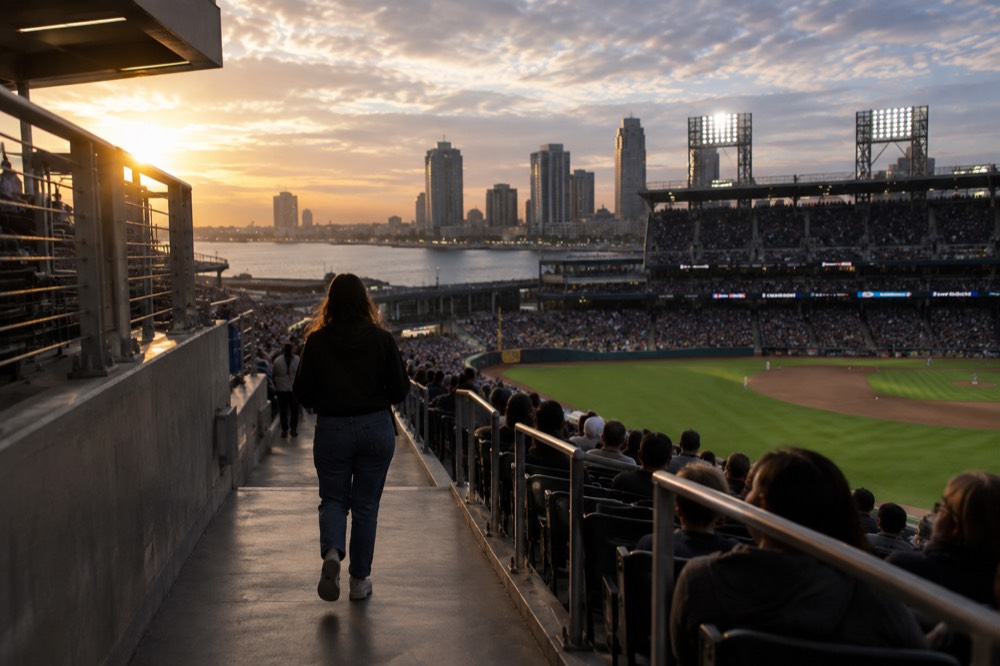 A baseball stadium at dusk with floodlights on and a crowd in the seats
