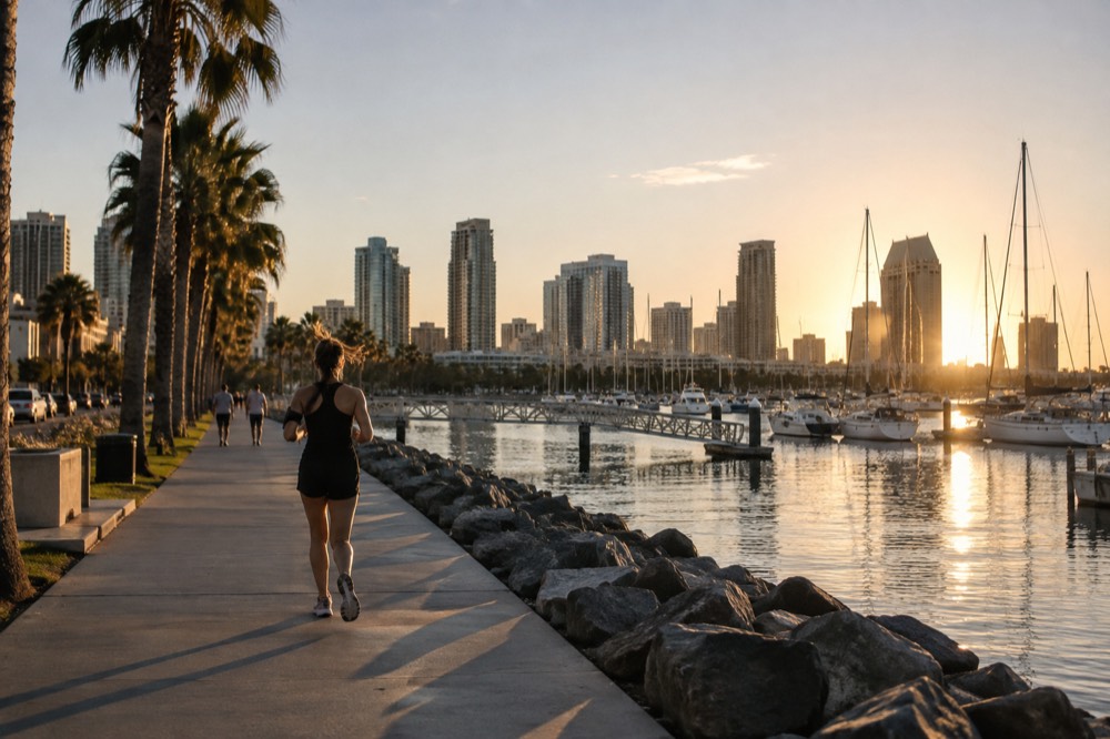 A waterfront walkway with palm trees, moored boats and downtown buildings at golden hour