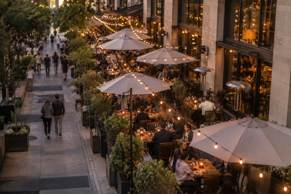 Busy sidewalk restaurant terrace under string lights in a historic downtown district at dusk