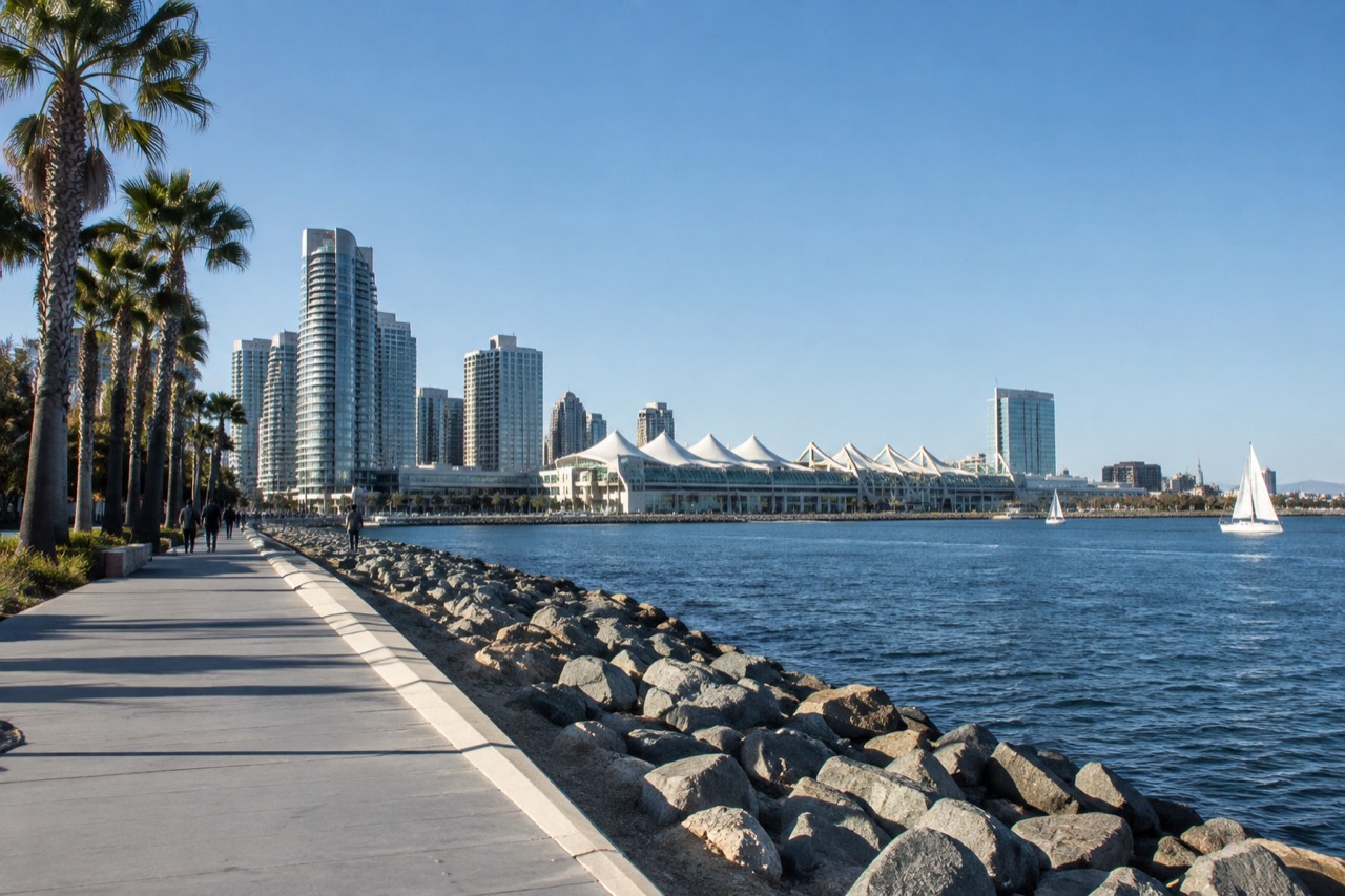 Modern waterfront convention hall with sail-like white roof against a blue sky over San Diego Bay