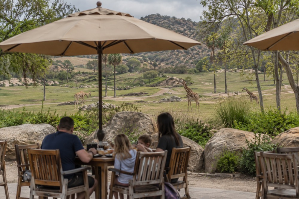 Parents and children sharing food at an outdoor table beneath shade umbrellas