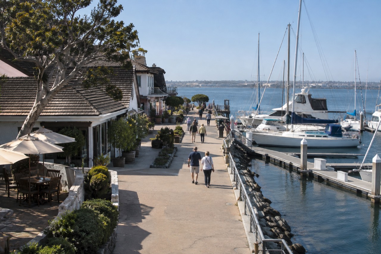 Waterfront boardwalk with shops and masts of boats along the bay