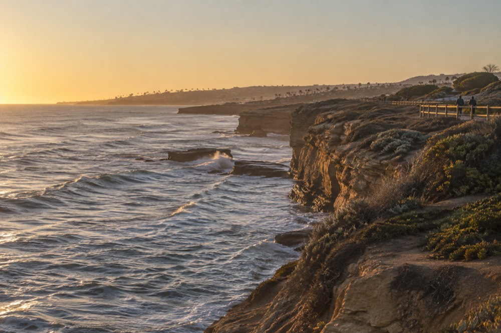 Railed footpath set back from the bluff top above breaking waves