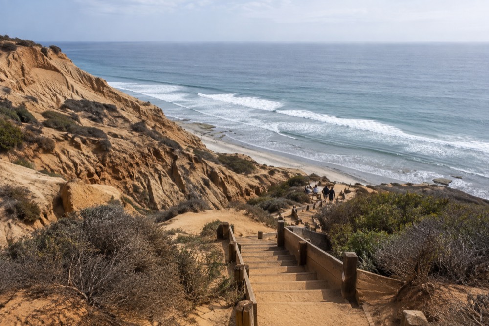 Wooden steps switchbacking down a sandstone cliff face toward the ocean