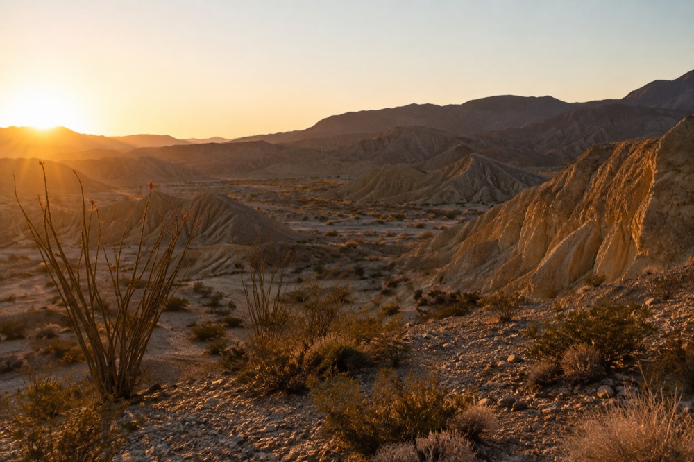 Golden badland formations rising above a flat desert floor at sunrise