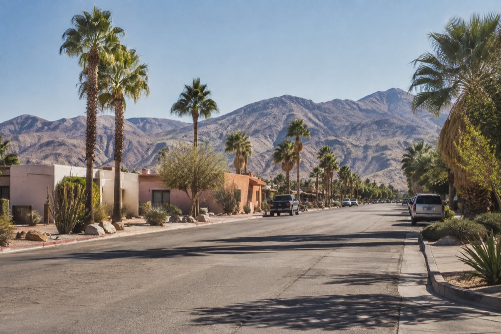 Small desert town main street with low buildings and palm trees under clear sky