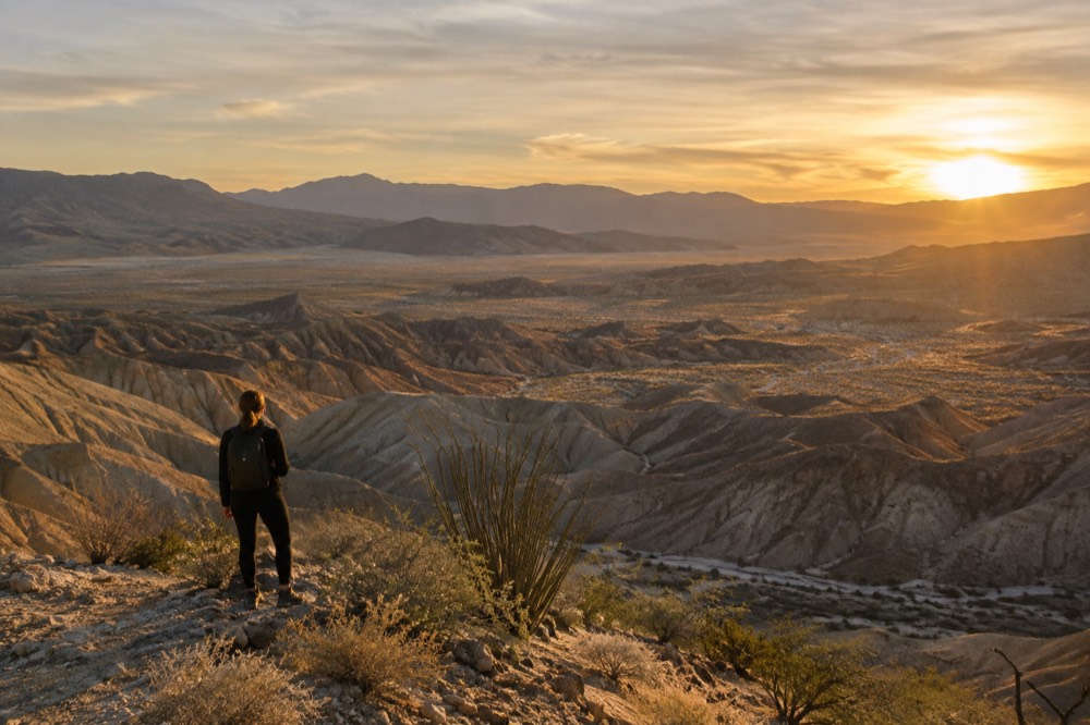 Desert overlook at golden hour with long shadows across eroded hills