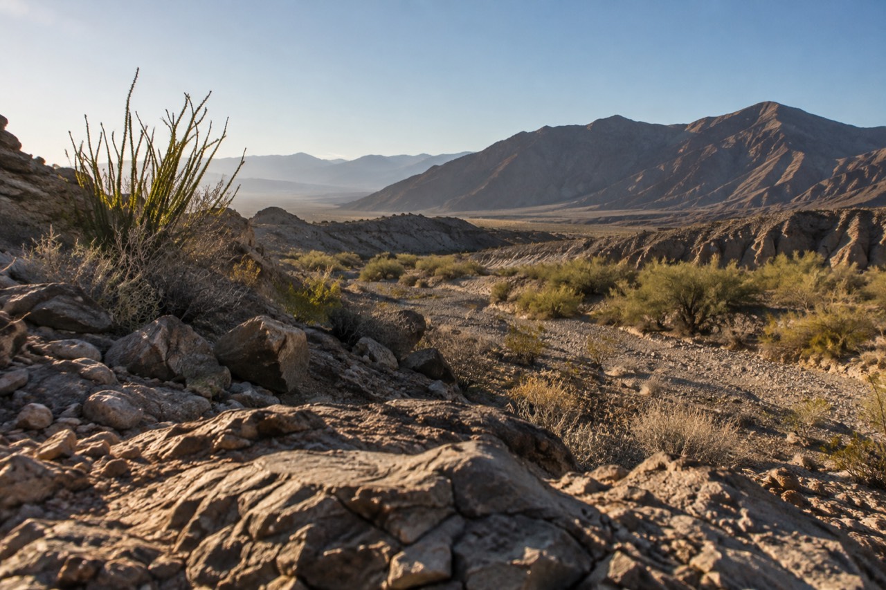 Wide desert basin with dry washes and rocky slopes under a clear morning sky