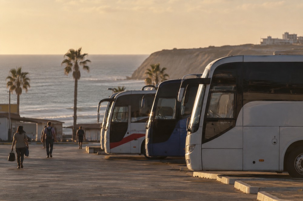Buses lined up at a station in a Mexican coastal town in afternoon light