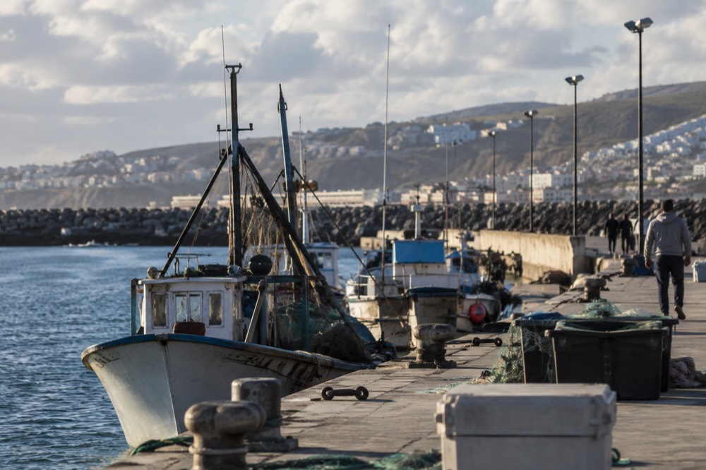 Harbor promenade with fishing boats moored along a waterfront in late afternoon light