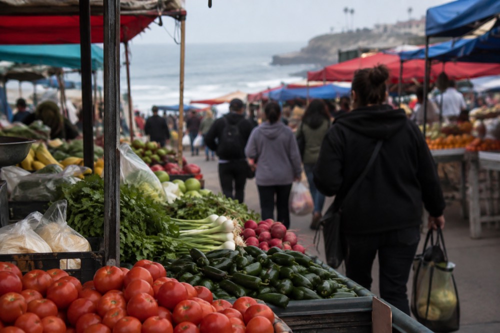 Busy street market with produce stalls and shoppers under colorful awnings