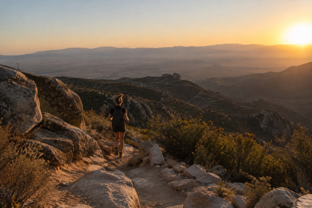 Ridgeline viewpoint overlooking a wide desert plain at golden hour