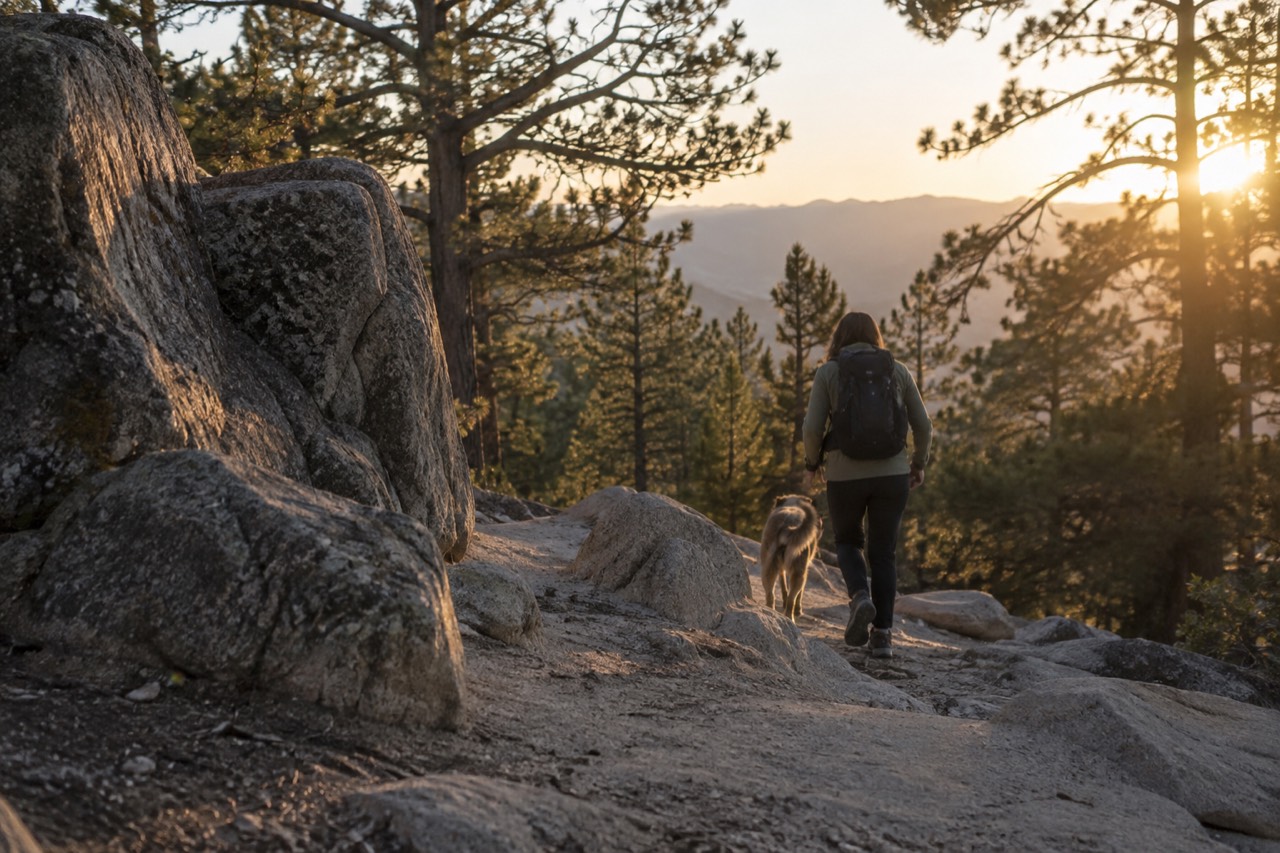 Pine forest and granite boulders on a mountainside above a small village