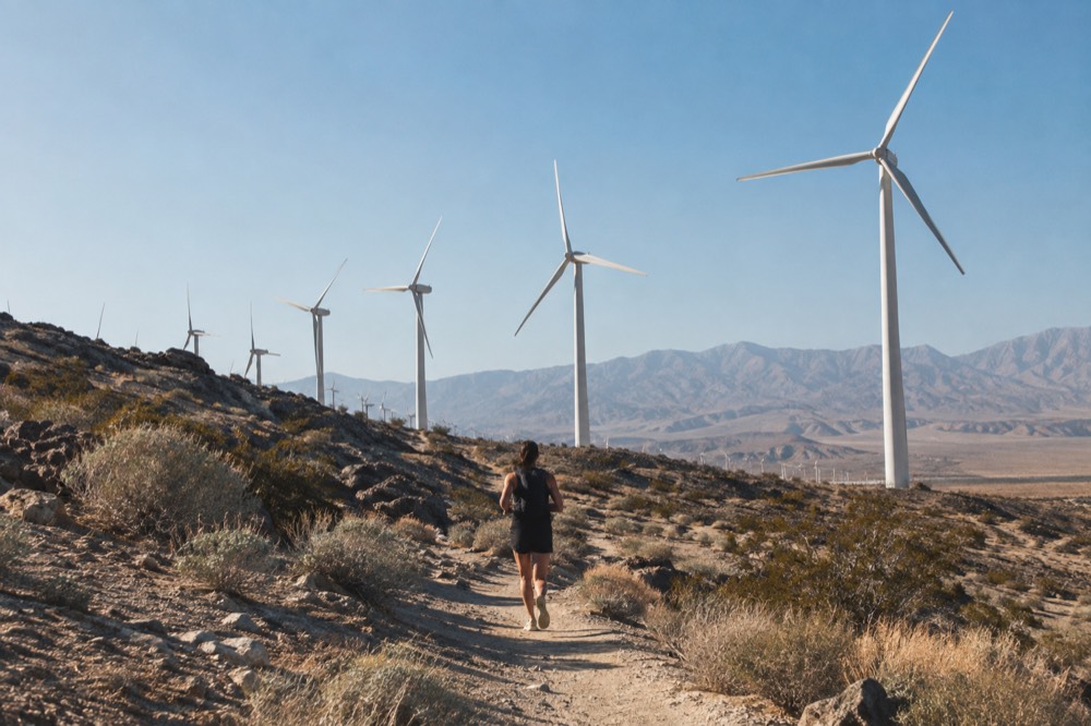 Wind turbines turning along a desert pass at the edge of the Coachella Valley