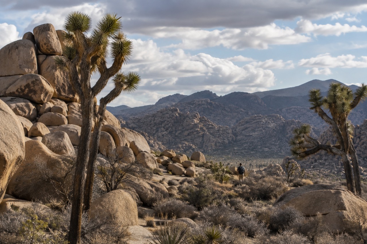 Twisted Joshua trees standing among granite boulders under a wide desert sky