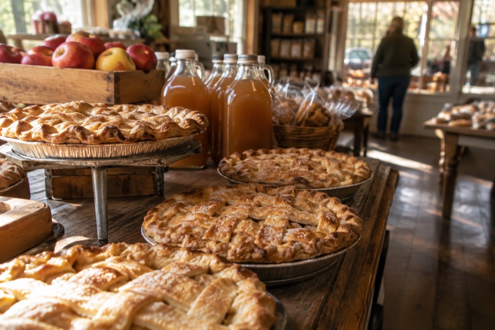 A bakery counter with apple pies and cider bottles