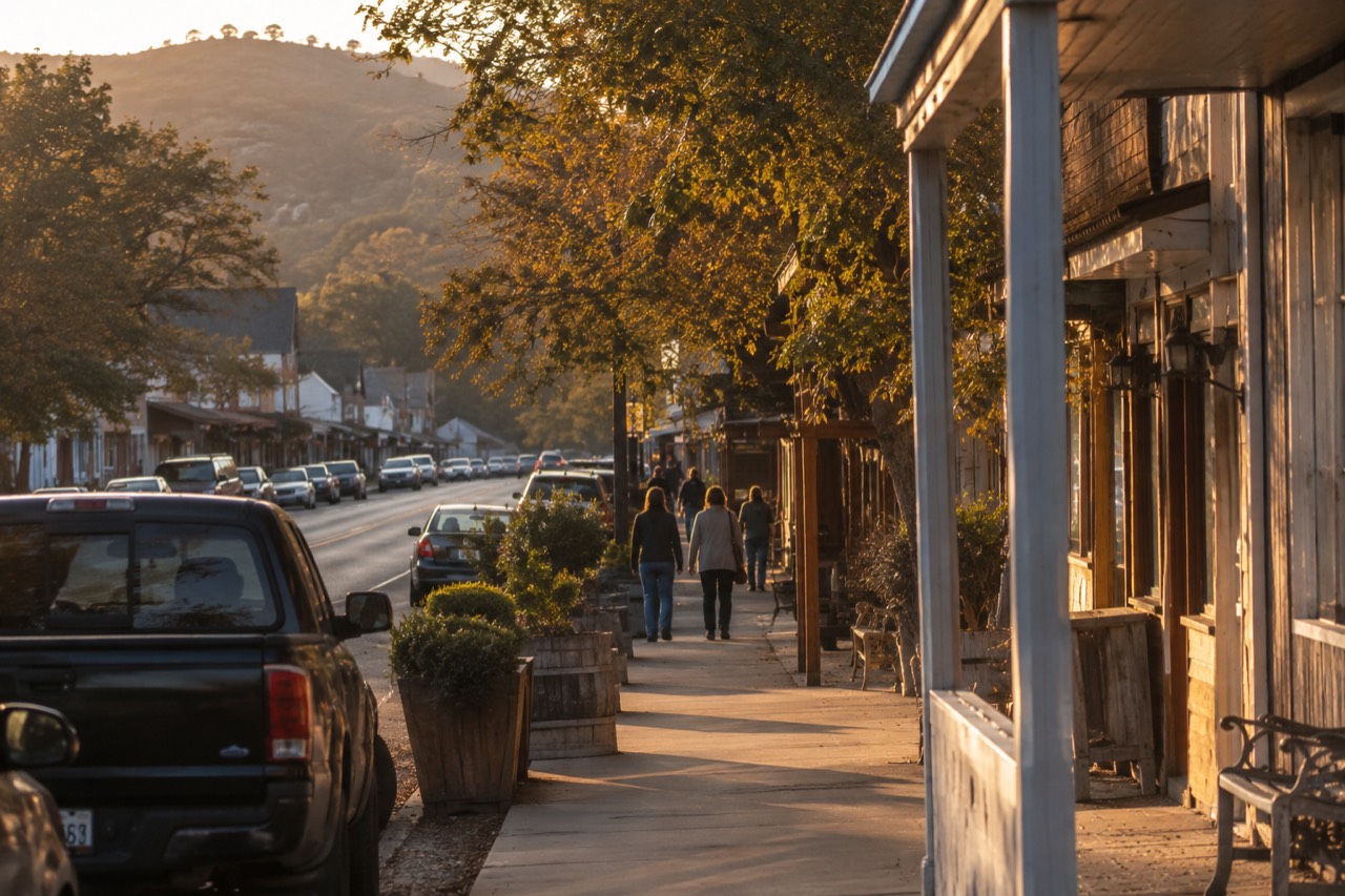 A small mountain town main street with wooden storefronts and oak trees