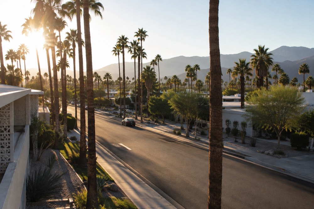 A palm-lined desert boulevard with mid-century buildings under a clear sky