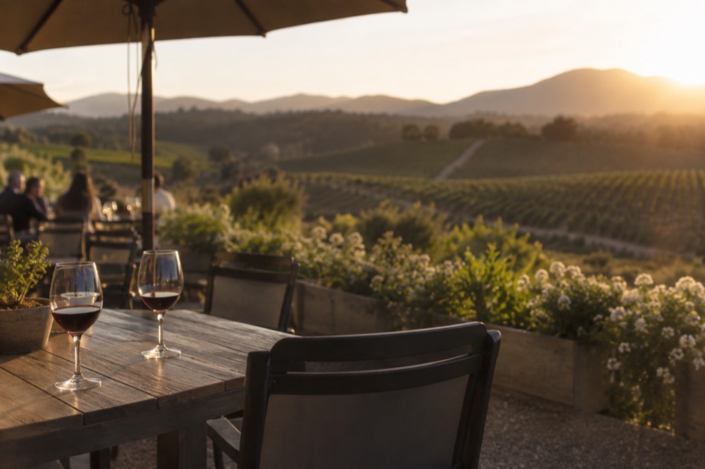 A winery patio with tables overlooking rows of vines on rolling hills