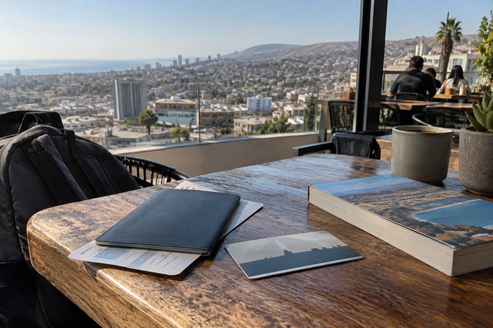 Travel documents and a transit card resting on a table beside a guidebook
