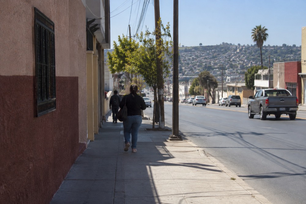 Sunlit city street with murals painted on building walls and people-free sidewalks
