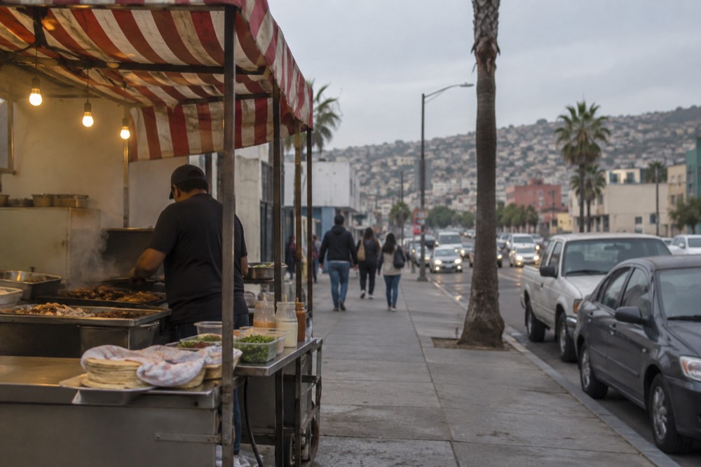 Street food stall with tacos and grilled meats under a striped awning