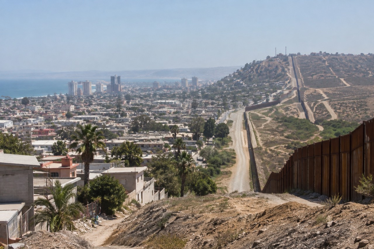 View of the Tijuana cityscape and the metal border fence stretching toward the hills on a clear afternoon