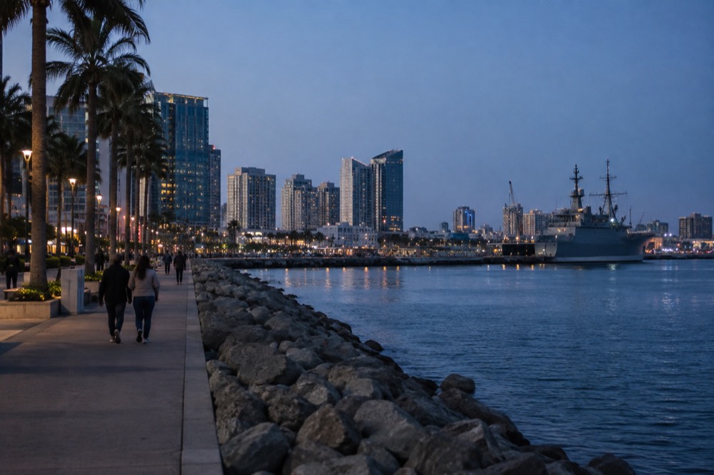 A wide paved waterfront promenade along San Diego Bay with palm trees and moored ships