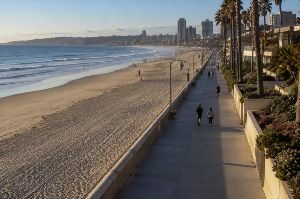 A long paved beach boardwalk running beside sand and a low seawall