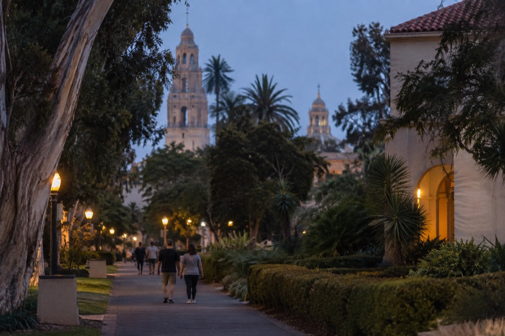 A tree-lined path through Balboa Park with museum towers in the distance