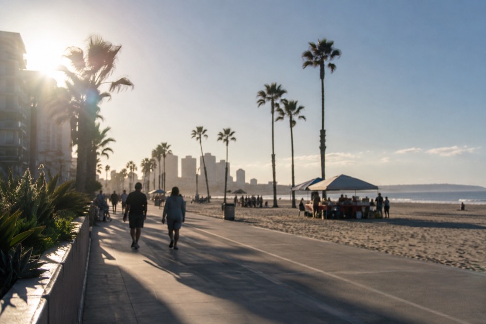 A sunny beach boardwalk in San Diego with palm trees and food stands in the distance