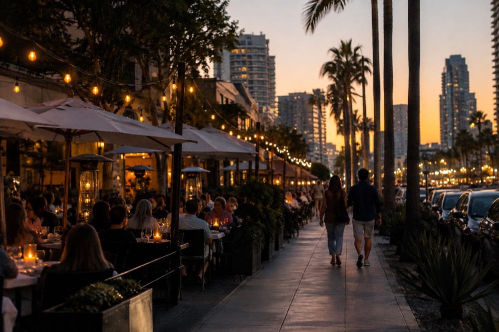 Outdoor dining tables with string lights along a San Diego street at dusk