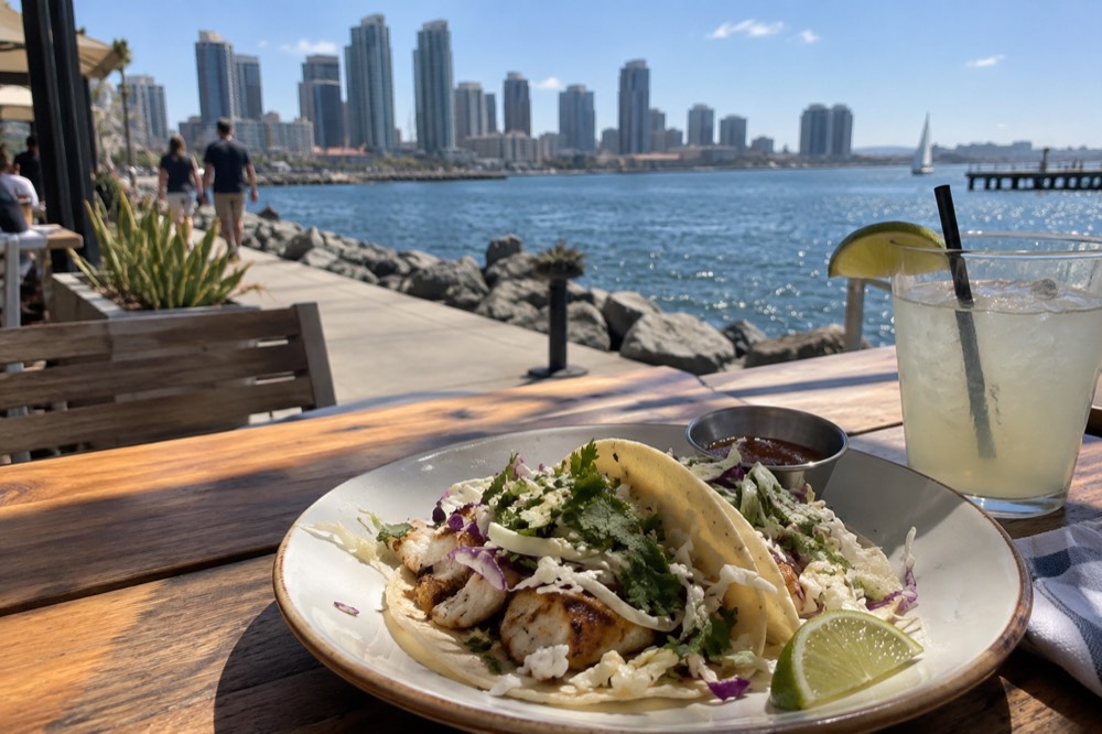 A plate of fish tacos with cabbage and lime on a wooden table